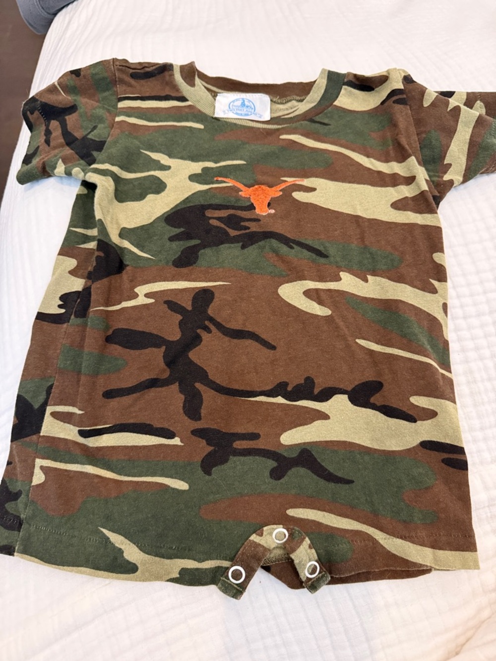 UT longhorn Camo Baby One-Piece Bodysuit with Orange Longhorn Accent